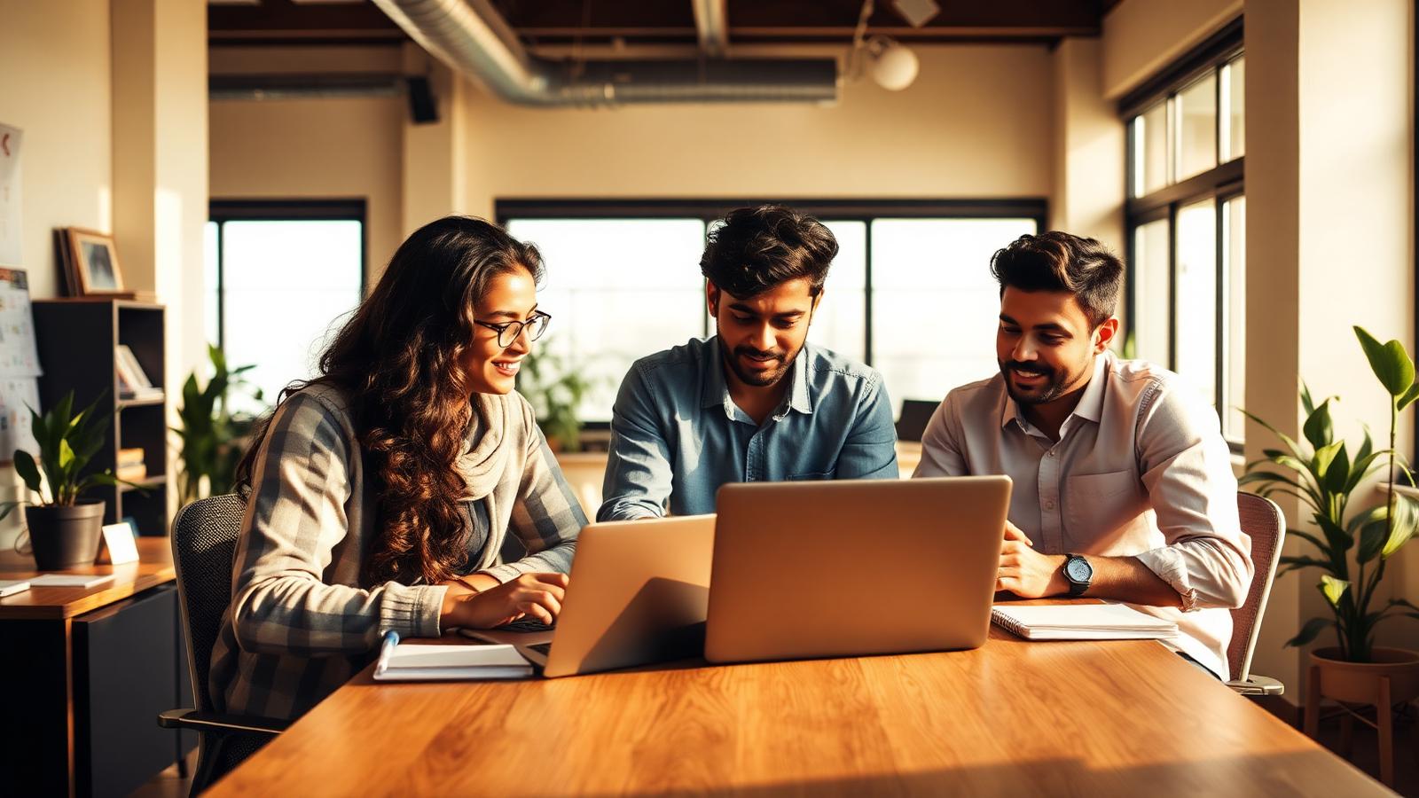 Young Indian entrepreneurs collaborating on laptops in a warm sunlit office