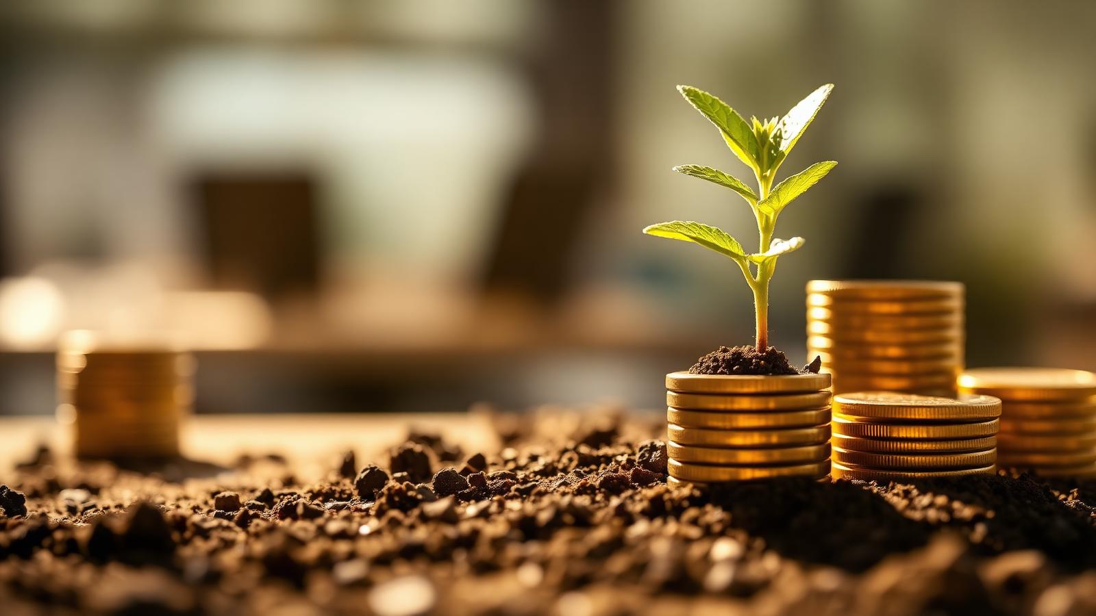 Young sapling growing beside stacks of gold coins, symbolising seed funding
